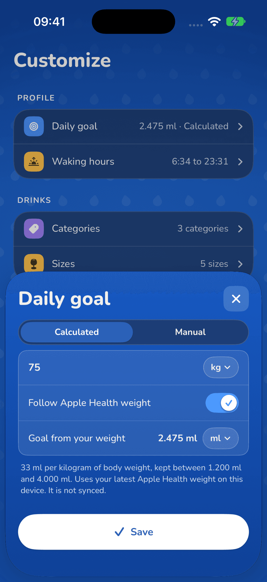 Daily goal settings with Calculated and Manual options, a weight of 75 kg from Apple Health and a calculated goal of 2,475 ml.