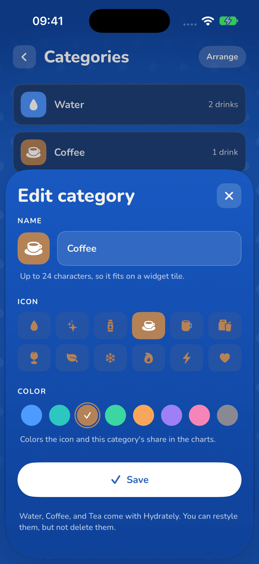 Edit category screen for Coffee with the name field and a choice of drink icons.