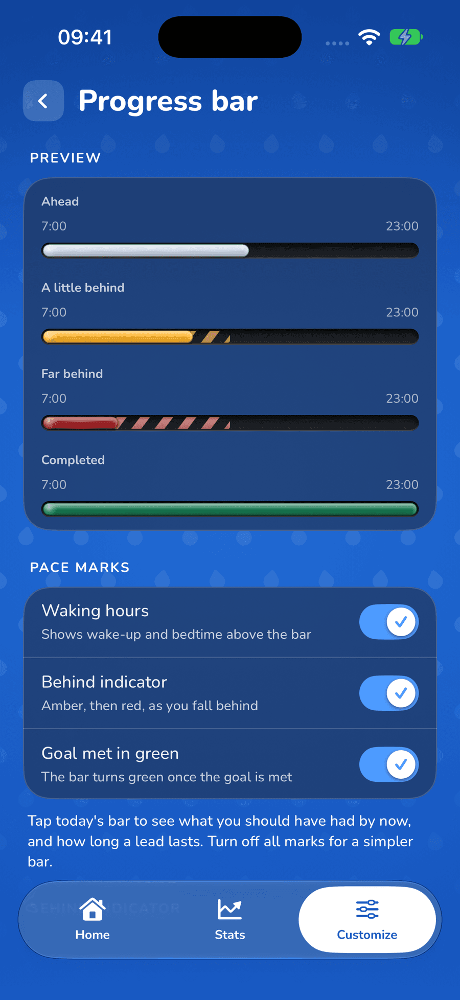 Progress bar settings previewing a neutral bar when ahead, amber when a little behind, red when far behind and green once the goal is met.
