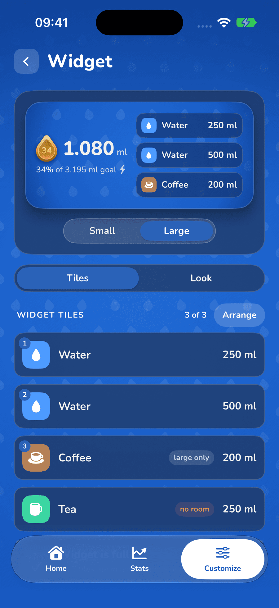 Large Hydrately widget preview with a 34-day streak, daily progress and three drink shortcuts: water at 250 and 500 ml, and coffee at 200 ml.